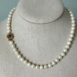 Vintage 14K Yellow Gold Sapphire Flower Genuine Pearl Hand Knotted Necklace 16"